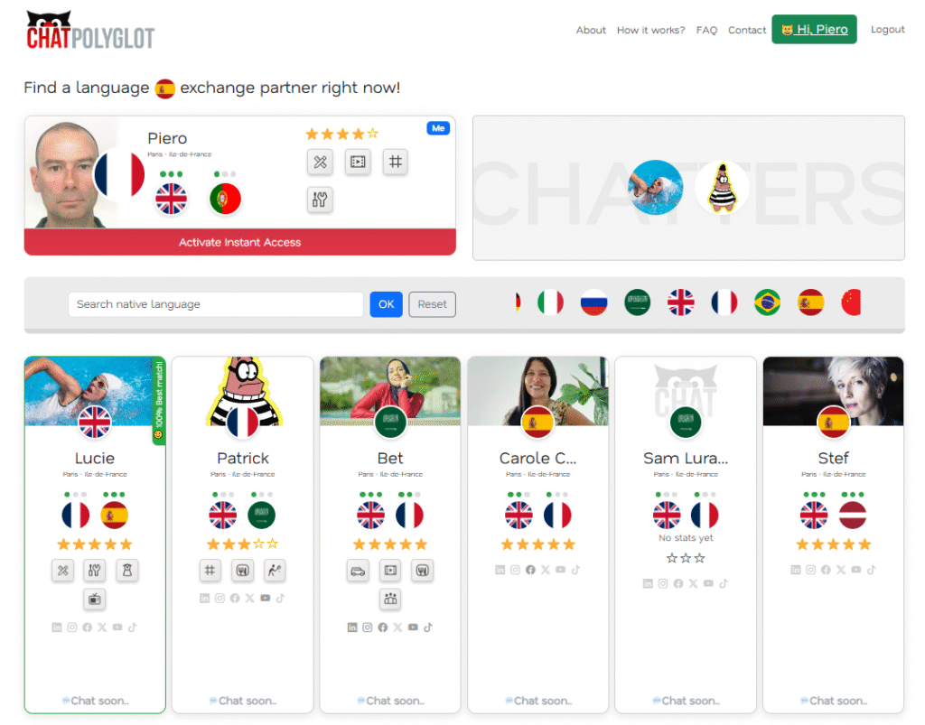 chatpolyglot plateform of langauge exchange home page with all users listing