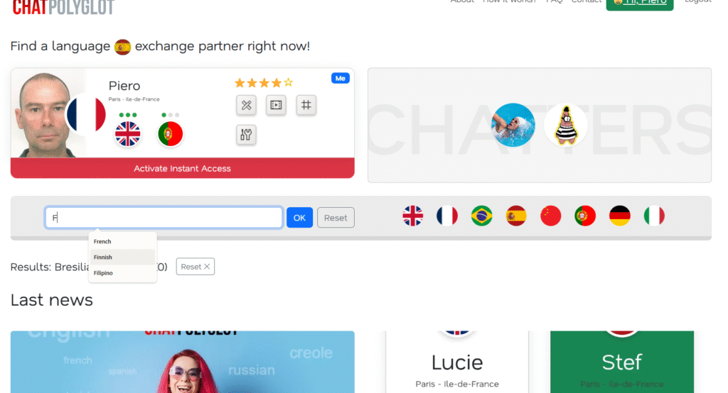 chatpolyglot plateform of langauge exchange home page with all users listing