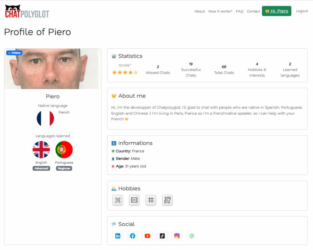 user profil polyglotchat admin, add native languagen learned languages, photo etc